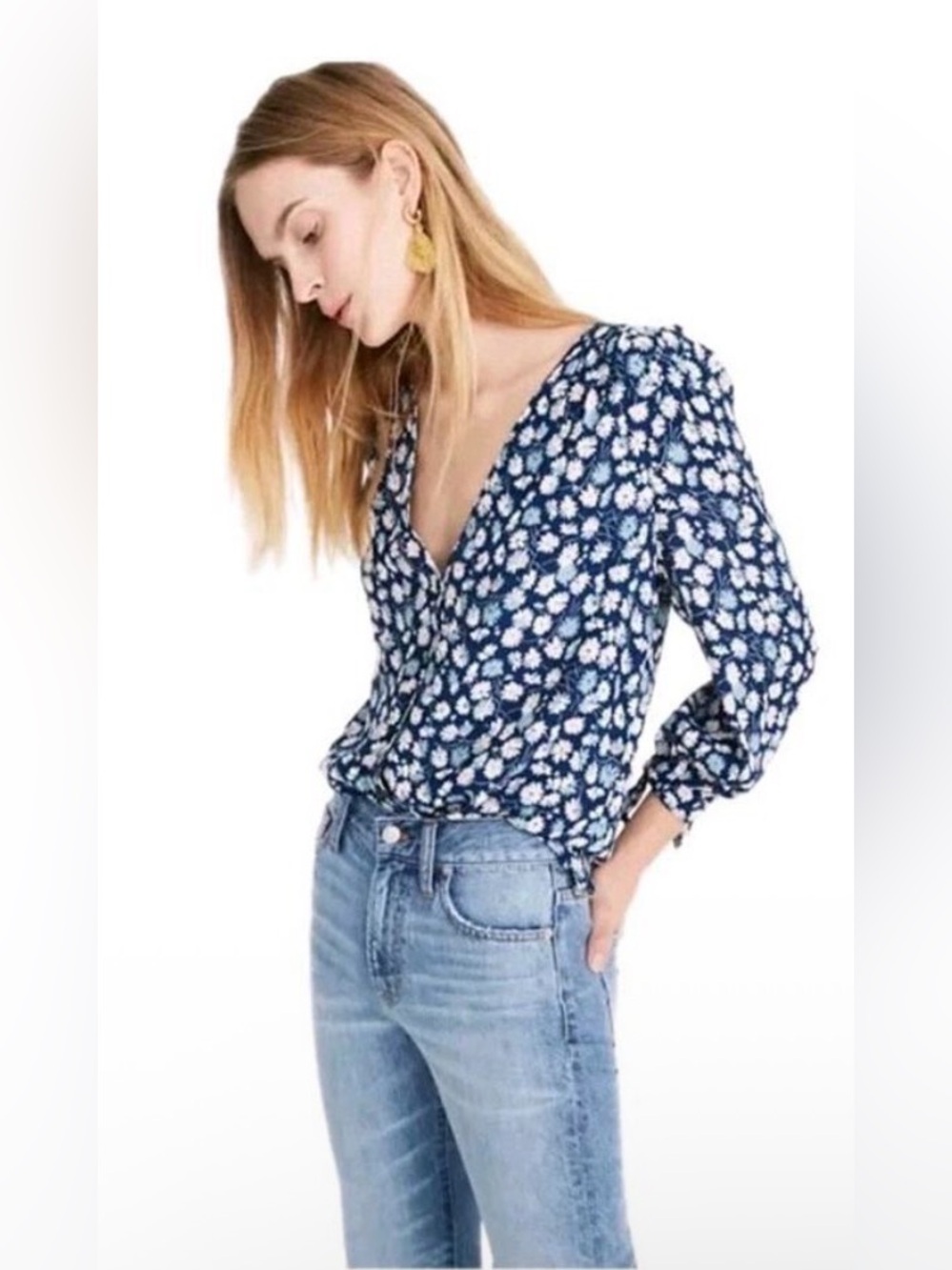 Madewell French Floral Tie Sleeve Blouse in Blue Moon Size L